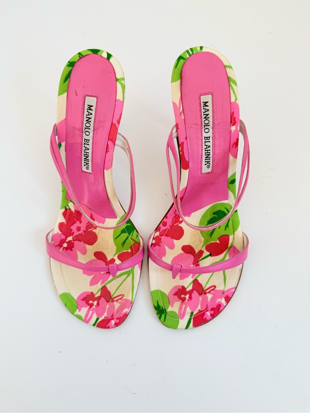 Manolo Blahnik Discus Pink Floral Thong Sandals Vintage Heels 36.5 - Picture 2 of 11